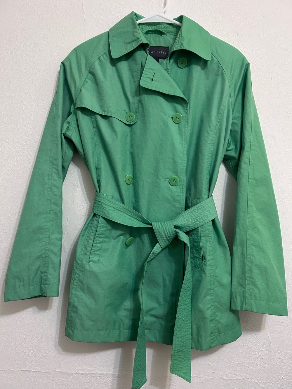Relativity Grass Green Double-Breasted Trench Coat with Belt, Size S